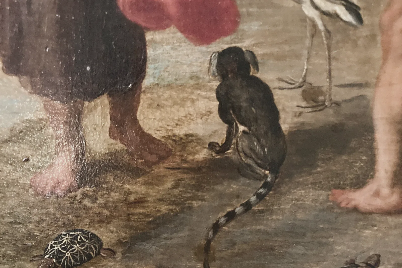 Detail of an oil painting showing bare feet, a small monkey, a tortoise and a wading bird.