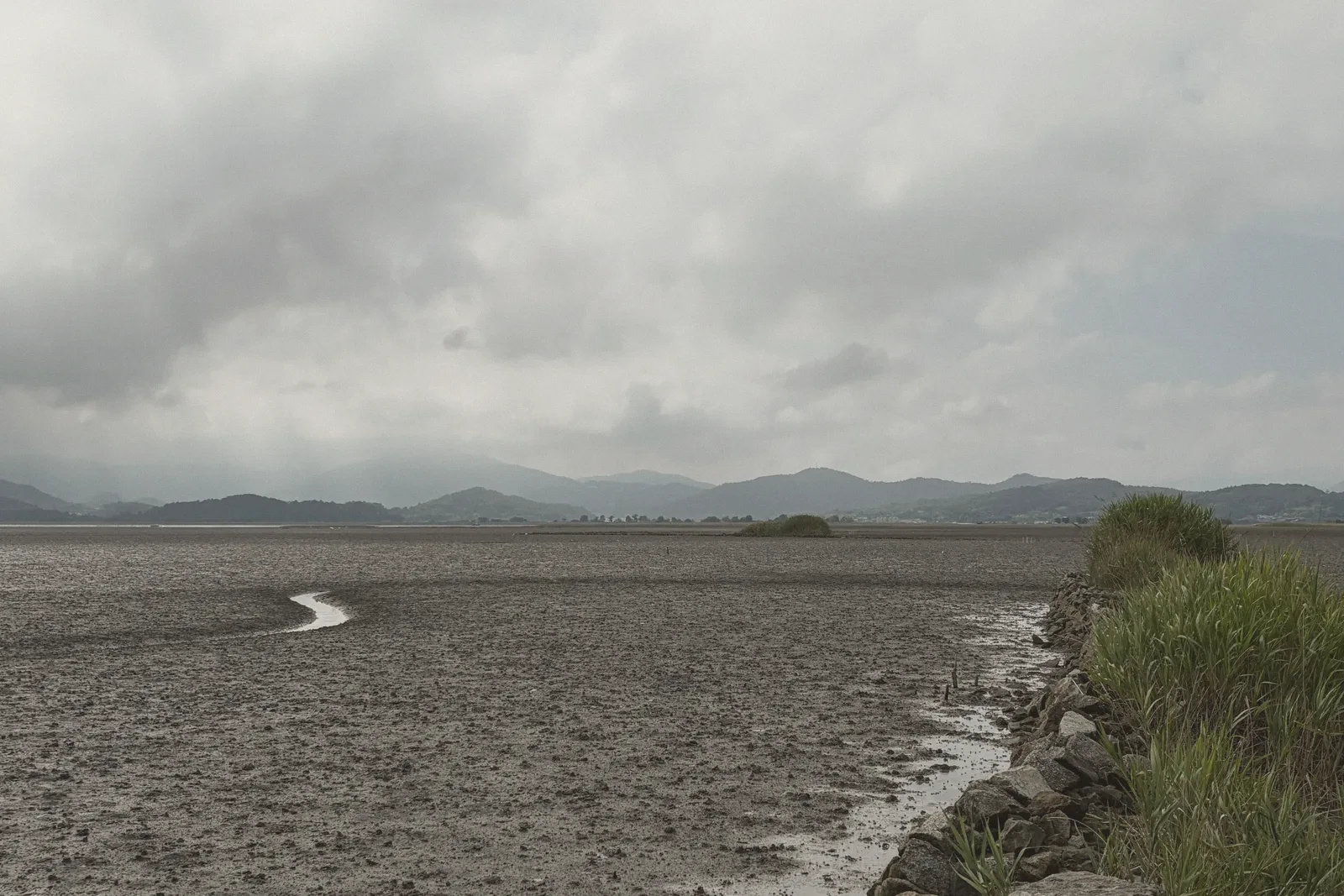 A tidal mudflat with a stone breakwater and reeds in the foreground, hills fading into a cloudy sky.