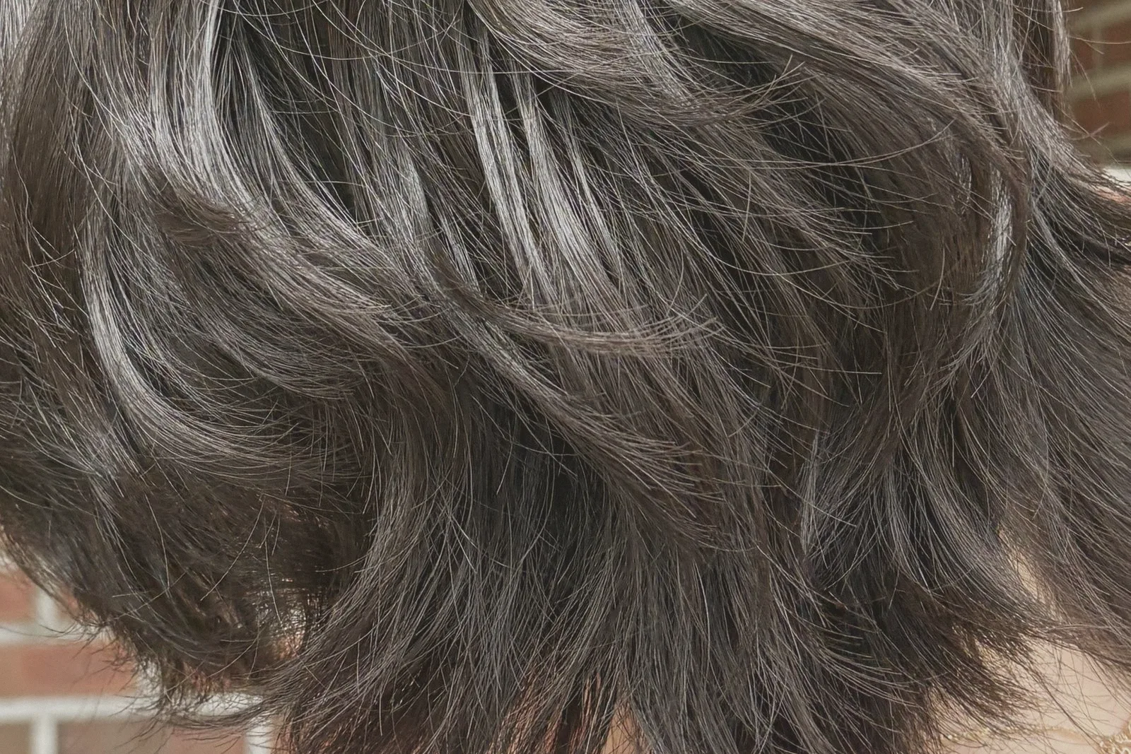 Close-up of soft, wavy dark hair from behind.