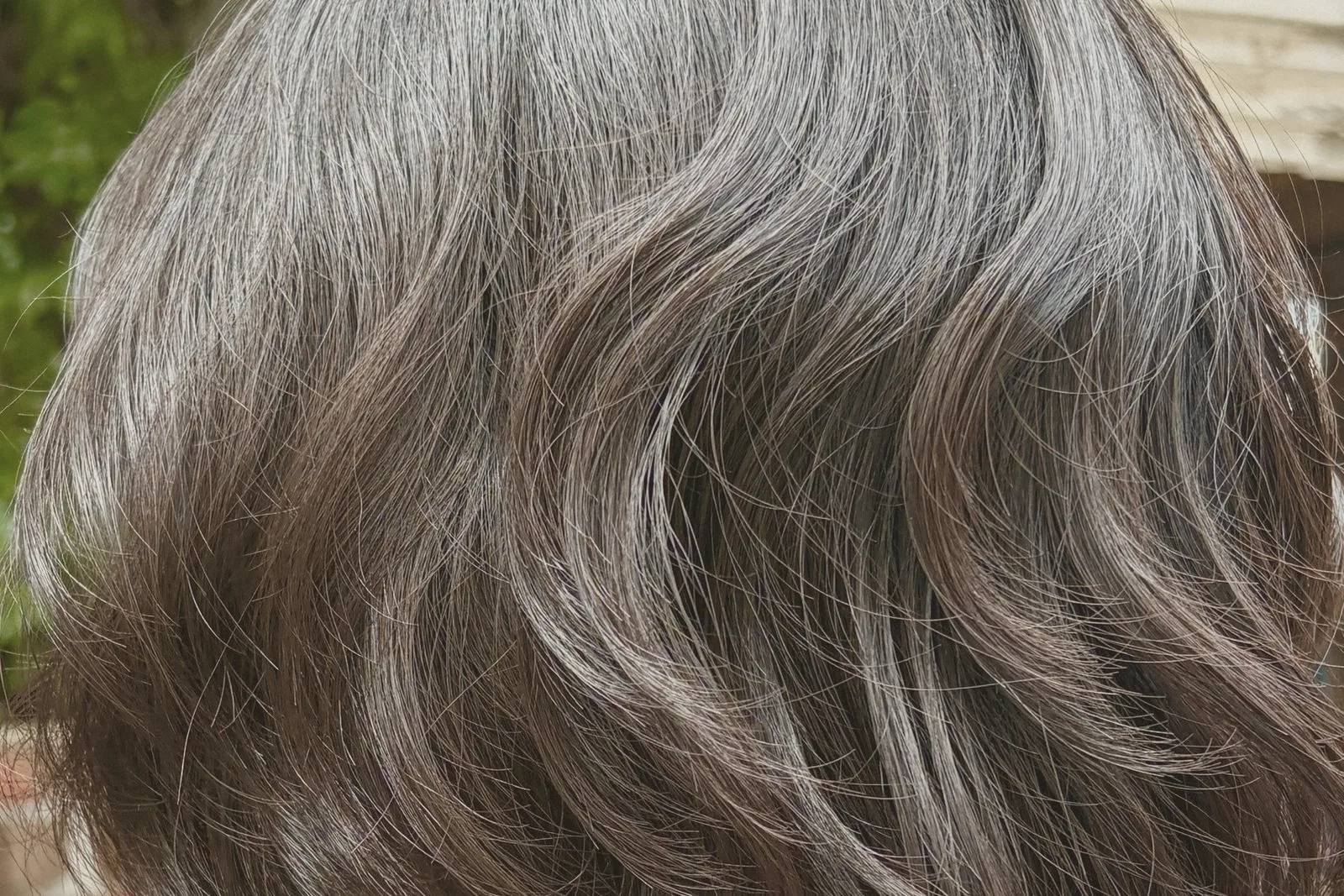 Glossy wavy hair in daylight, seen from behind.